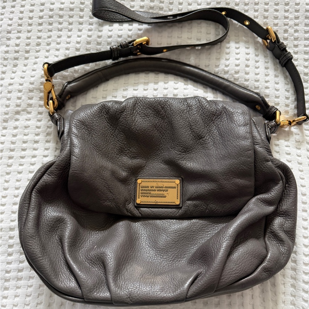 Marc by Marc Jacobs Dark Gray Pebbled Leather Shoulder Bag with Gold Hardware